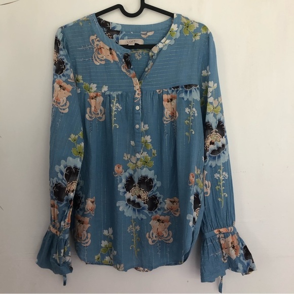 LOFT Women’s Blue Floral Cotton Blend Long Fluted Sleeve Blouse  Size S - Picture 10 of 10